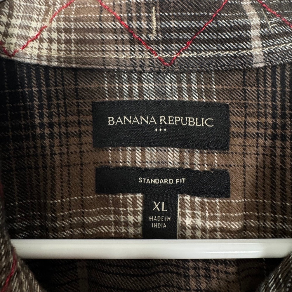 Banana Republic Men Standard Fit Flannel Plaid Long Sleeve Brown Shirt XL Grunge - Picture 4 of 8